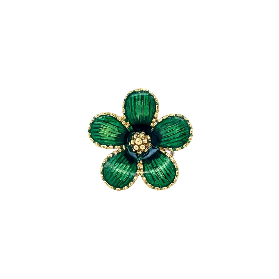 Vintage 18K Gold Flower Brooch with Enamel