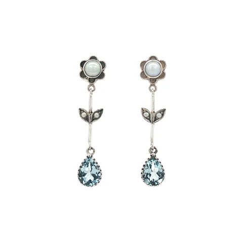Vintage Sterling Silver Stud Earrings with Blue Topaz and Pearl