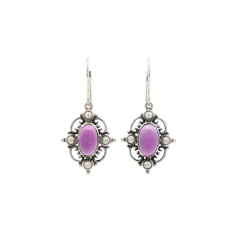 Vintage Sterling Silver Drop Earrings with Amethyst and Pearl