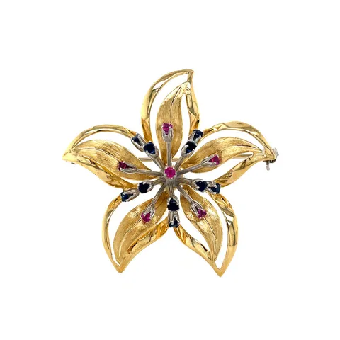 Vintage 18K Gold Brooch with Sapphire and Ruby