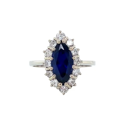 Vintage 18K White Gold Cluster Ring with Sapphire and Diamond