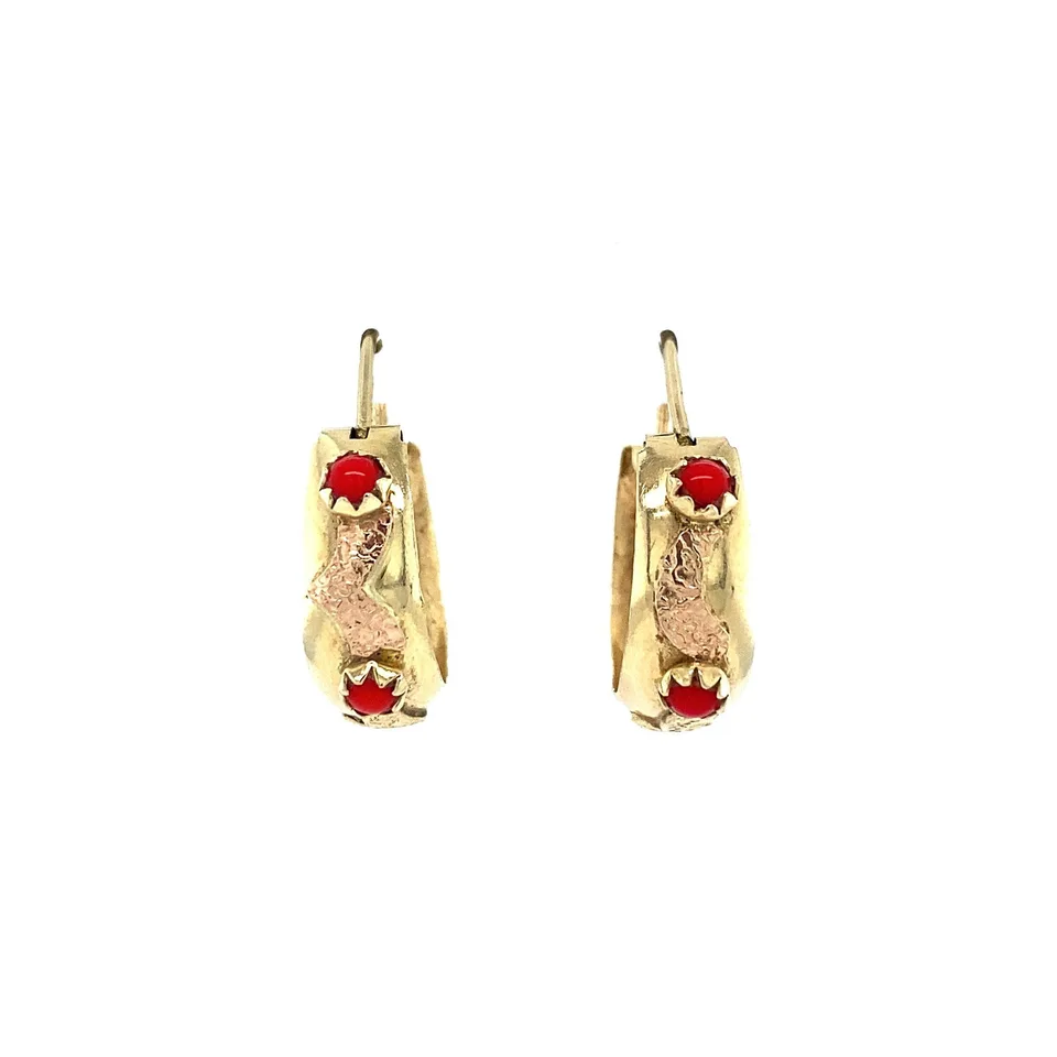 Vintage 14K Gold Hoop Earrings with Red Coral