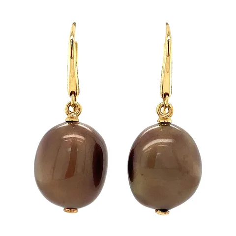 Vintage 14K Gold Drop Earrings with Brown Glass