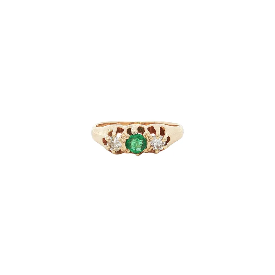 Vintage 14K Gold Trilogie Half Eternity Ring with Emerald and Diamond