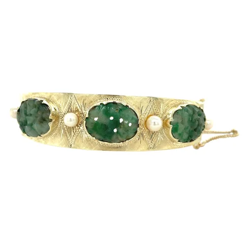 Vintage 14K Gold Bangle with Jade and Pearl