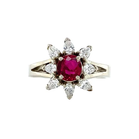 Vintage 18K White Gold Cluster Ring with Ruby and Diamond