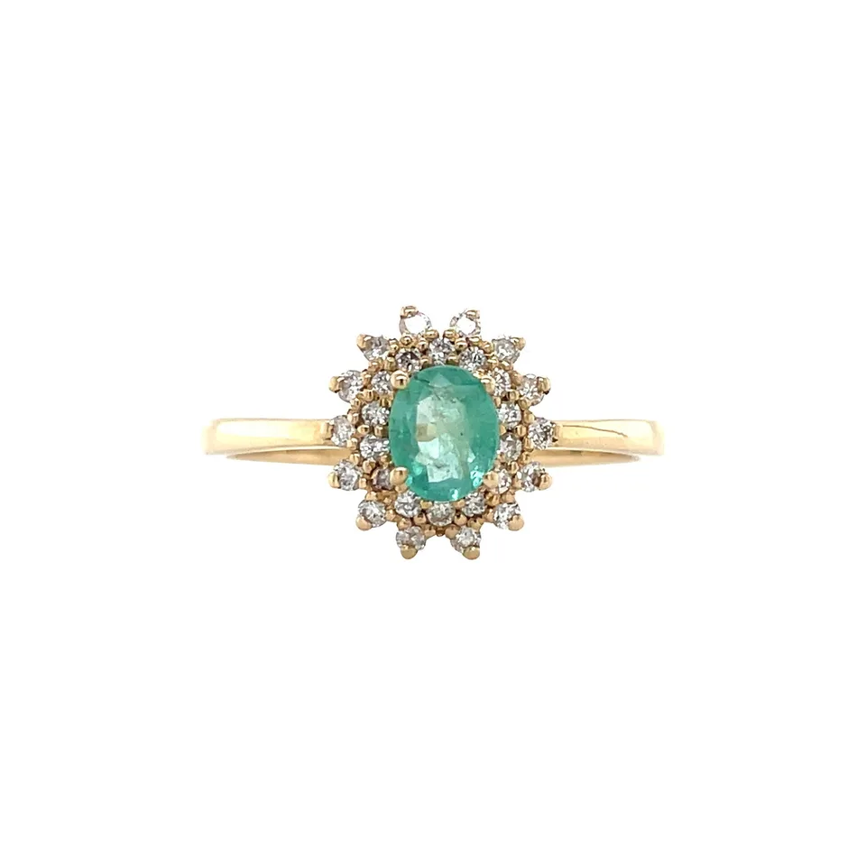 Vintage 14K Gold Dubbele Cluster Ring with Emerald and Diamond