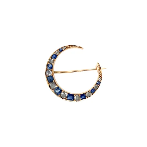 Vintage 14K Gold Moon Brooch with Sapphire and Rose Cut Diamond