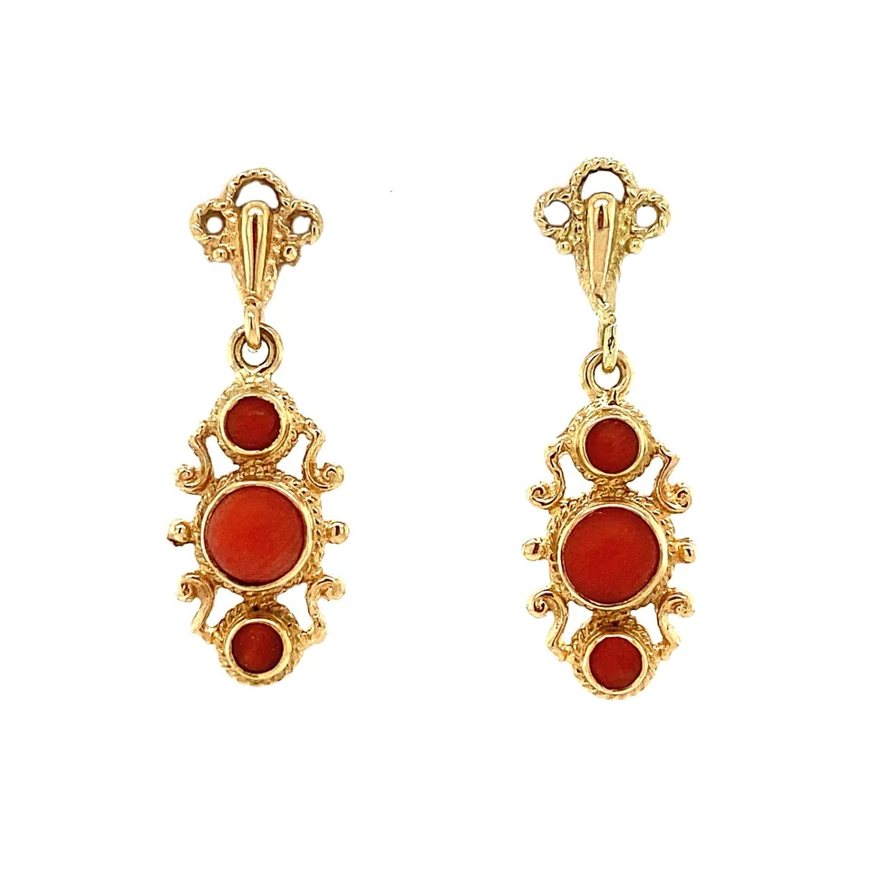 Vintage 14K Gold Drop Earrings with Red Coral