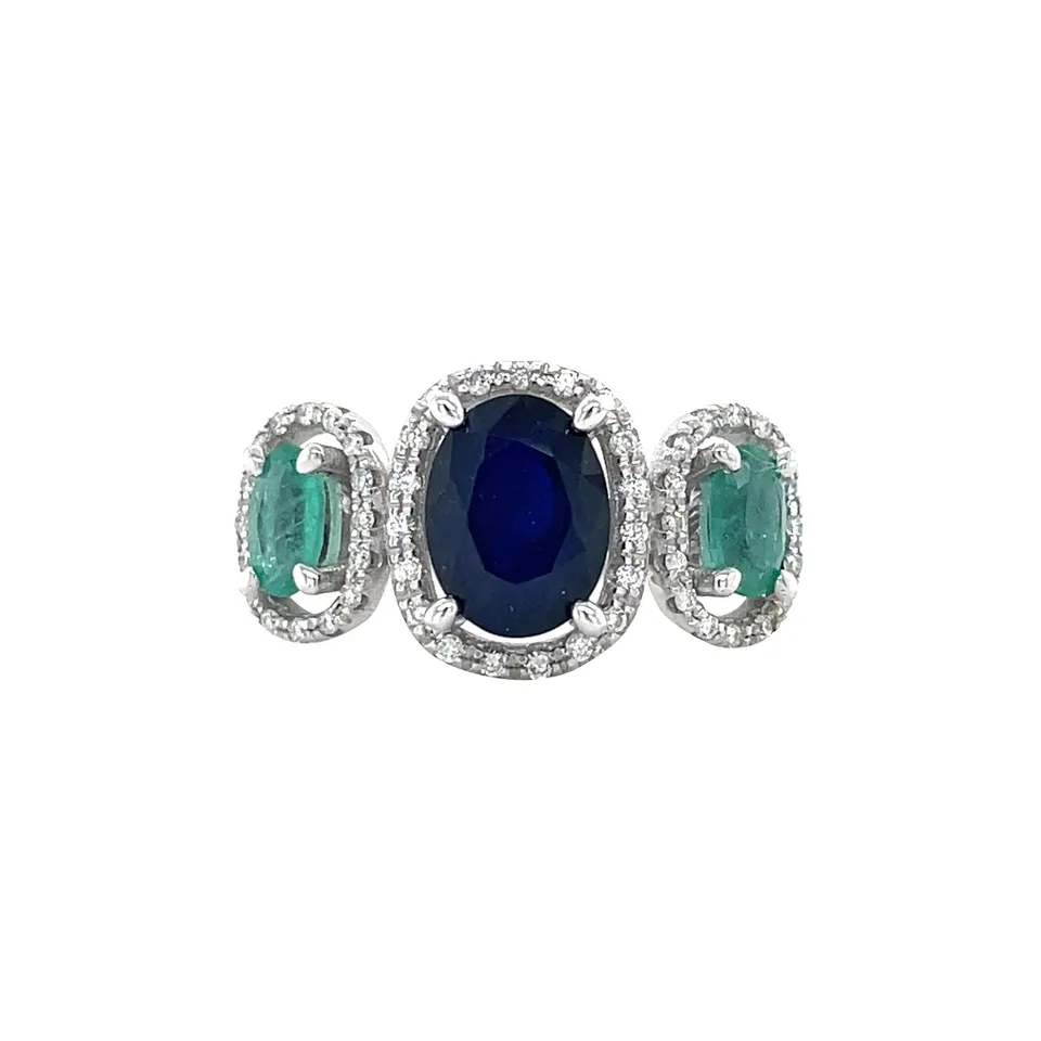 Vintage 14K White Gold Cluster Ring with Emerald, Sapphire and Diamond