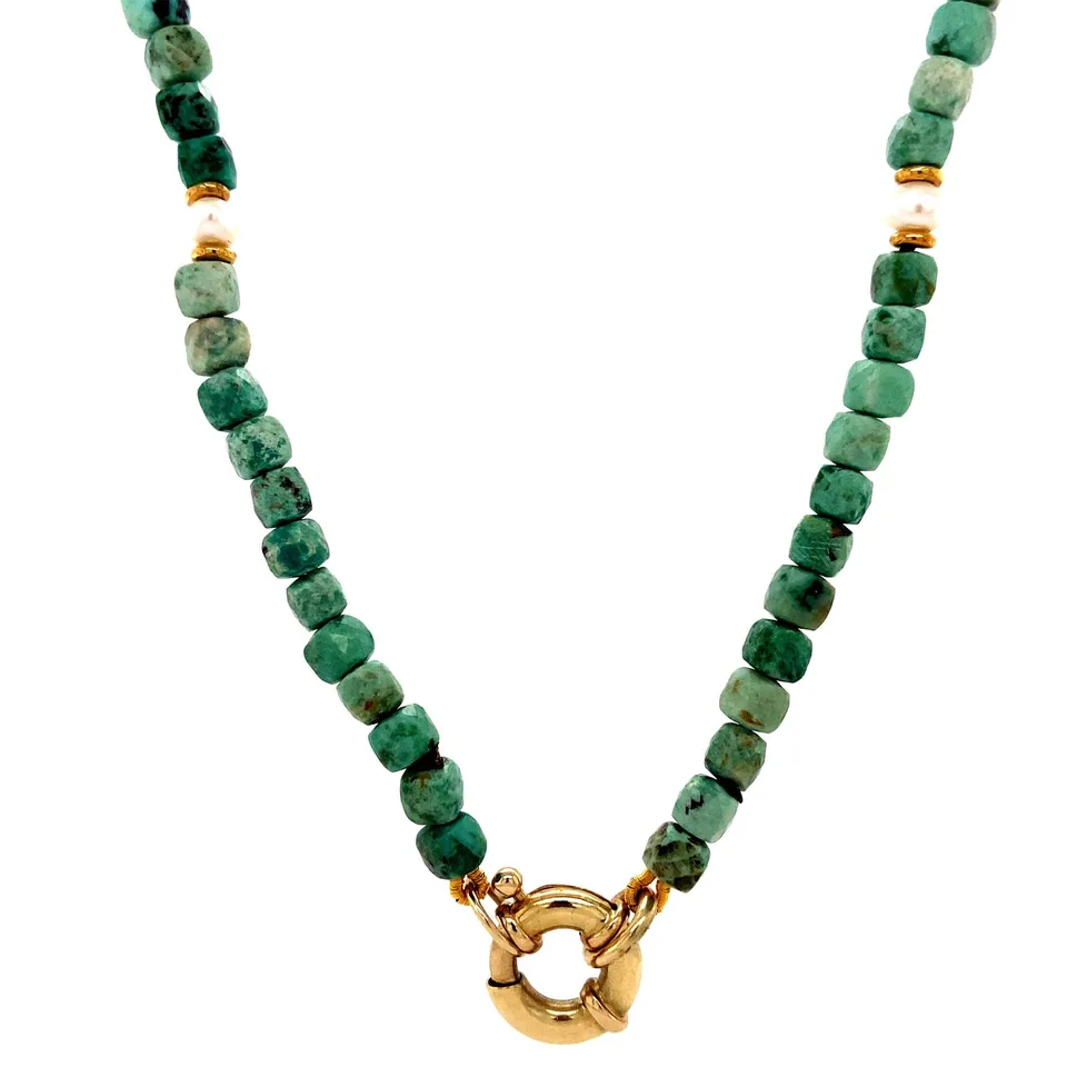 Vintage Turquoise Necklace with Pearl and 14K Gold Clasp