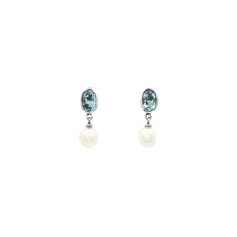 Vintage Sterling Silver Stud Earrings with Blue Topaz and Pearl