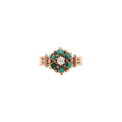 Vintage 14K Rose Gold Ring with Turquoise and Diamond
