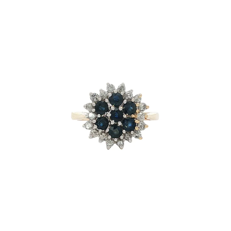 Vintage 14K Gold Cluster Ring with Sapphire and Diamond