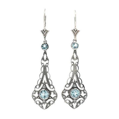 Vintage Sterling Silver Drop Earrings with Blue Topaz and White Sapphire
