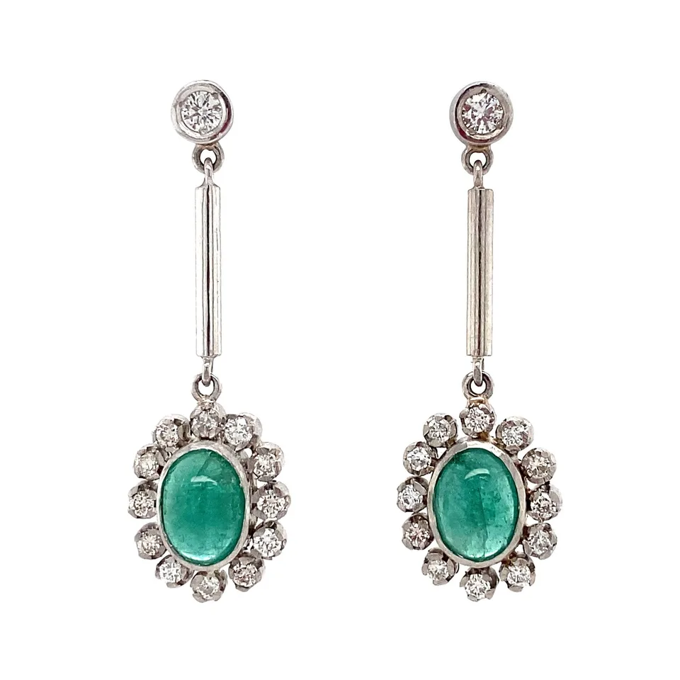 Vintage Platinum Cluster Drop Earrings with Emerald and Diamond
