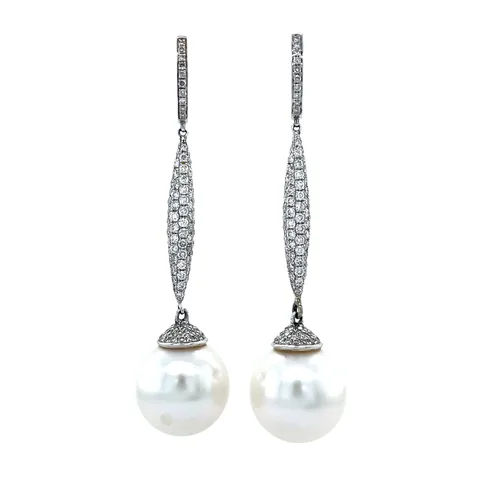 Vintage 18K White Gold Drop Earrings with Diamond and Pearl