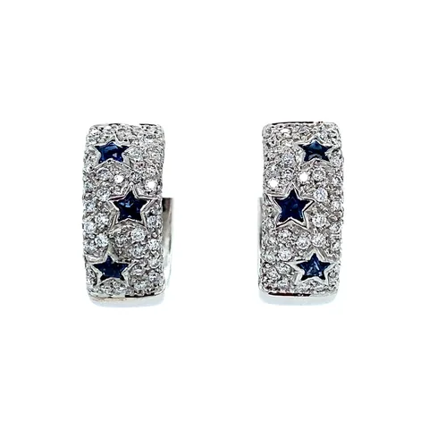 Vintage 18K White Gold Hoop Earrings with Sapphire and Diamond