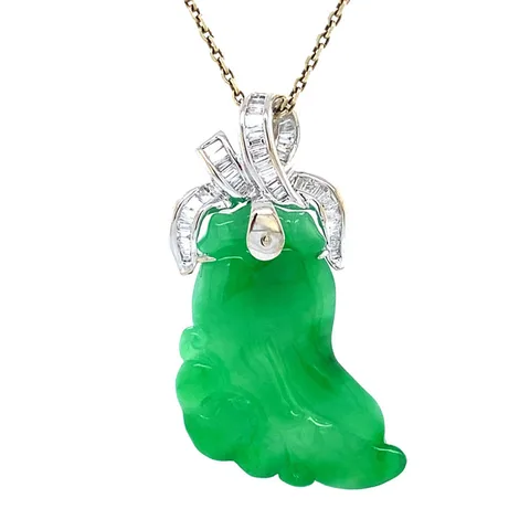 Vintage 14K White Gold Pendant with Jade and Diamond