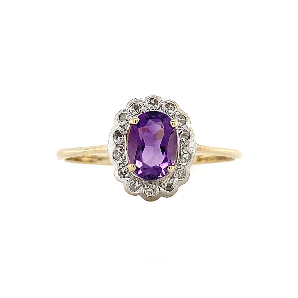 Vintage Cluster 9K Gold Ring with Amethyst and Diamond