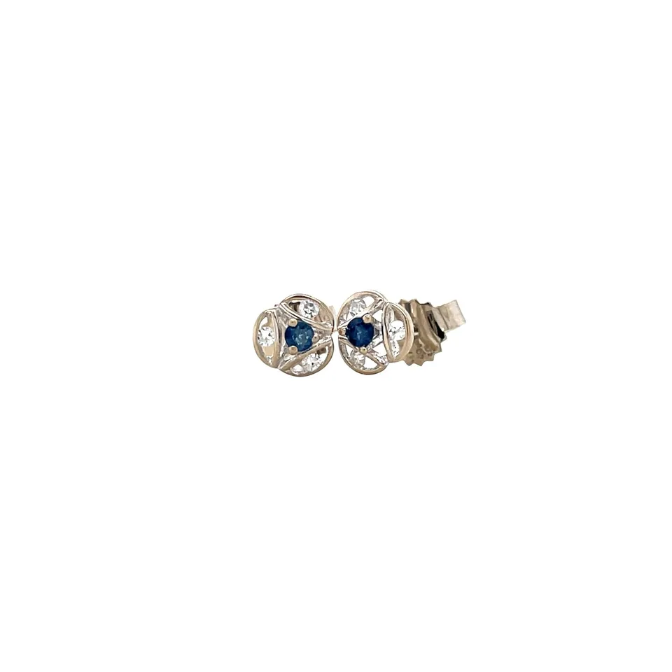 Vintage 14K White Gold Stud Earrings with Sapphire and Diamond