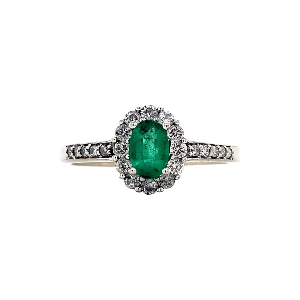 Vintage 14K White Gold Cluster Ring with Emerald and Diamond