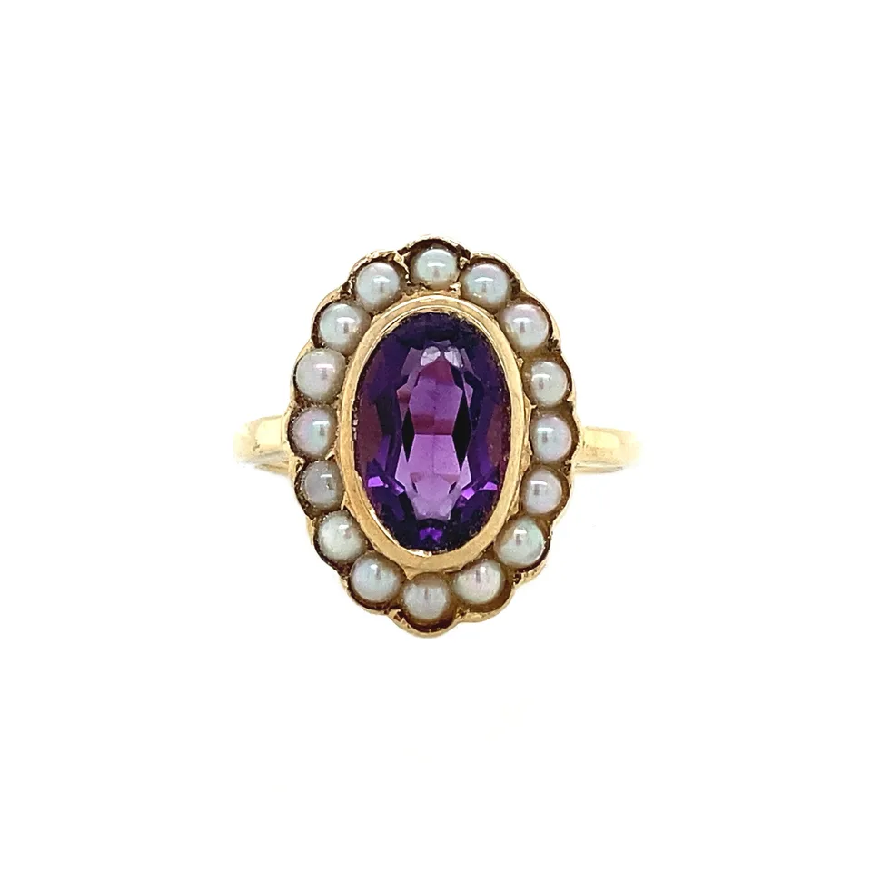 Vintage Cluster 9K Gold Ring with Amehist and Pearl