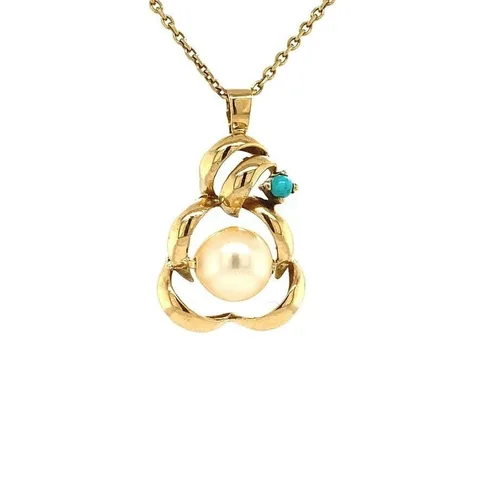 Vintage 14K Gold Pendant with Pearl and Turquoise