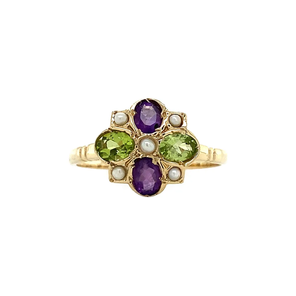 Vintage 9K Gold Ring with Amethyst, Periodoot and Pearl