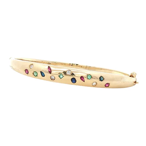 Vintage 12K Gold Bangle with Ruby, Sapphire, Emerald and Diamond