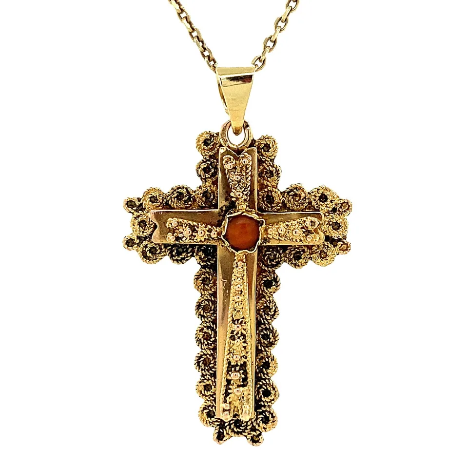 Vintage 14K Gold Cross Pendant with Red Coral