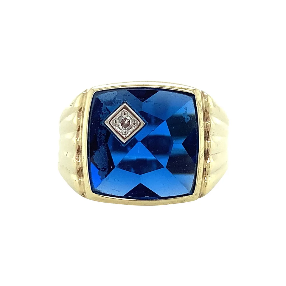 Vintage 14K Gold Signet Ring with Blue Spinel and Diamond