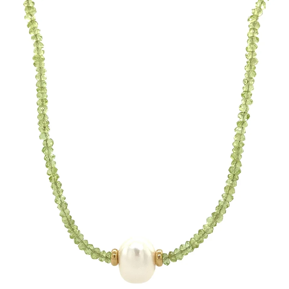 Vintage Peridot Necklace with Pearl and 14K Gold Clasp 39.5 cm