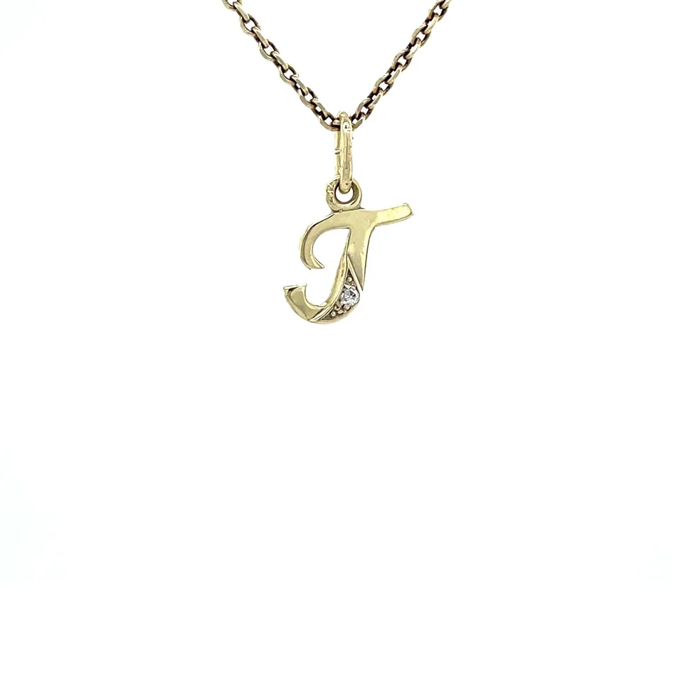 Vintage 14K Gold Letter T Pendant with Diamond