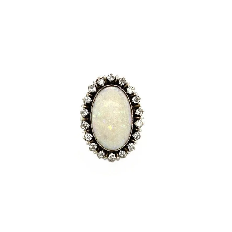 Vintage 14K White Gold Ring with Opal and Diamond