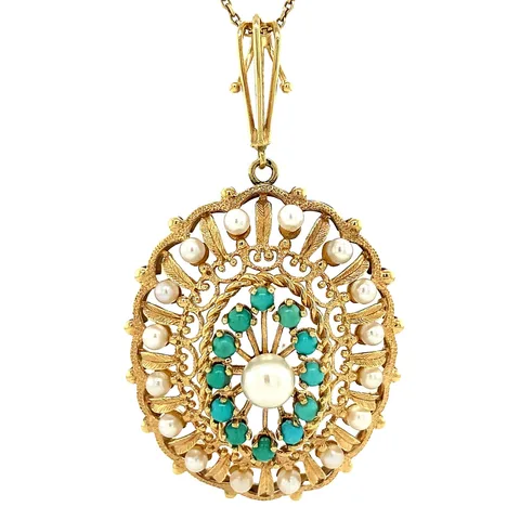 Vintage 14K Gold Cluster Pendant with Pearl and Turquoise