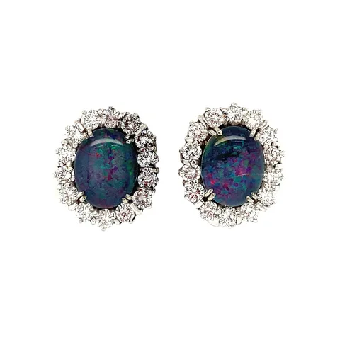 Vintage 14K White Gold Cluster Clip Earrings with Diamond and Opal