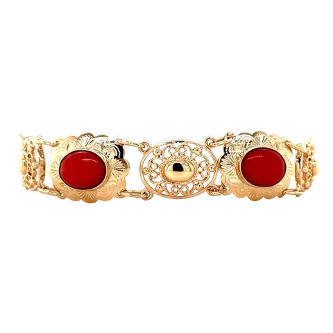 Vintage 14K Gold Boat Link Bracelet with Red Coral