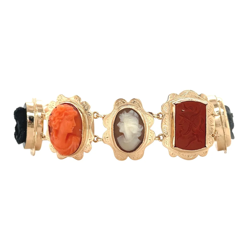 Vintage 14K Gold Bracelet with Cameo, Onyx, Red Coral, Agate and Labradorite