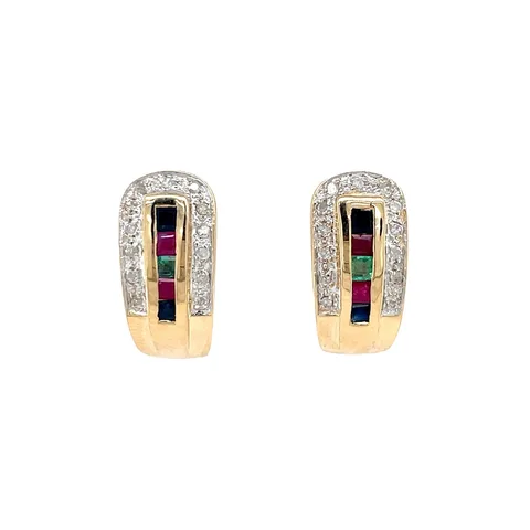 Vintage 18K Gold Stud Earrings with Diamond, Ruby, Sapphire and Emerald