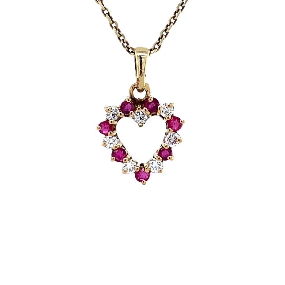 Vintage 14K Gold Heart Pendant with Ruby and Diamond