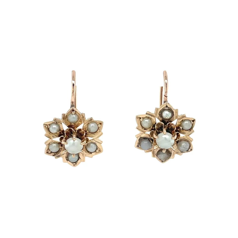 Vintage Rose Cluster 12K Gold Drop Earrings with Pearl