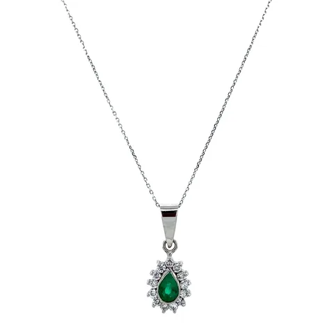 Vintage 18K White Gold Necklace with Emerald and Diamond Pendant