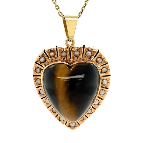 Vintage 14K Gold Cluster Heart Pendant with Tiger's Eye and Pearls