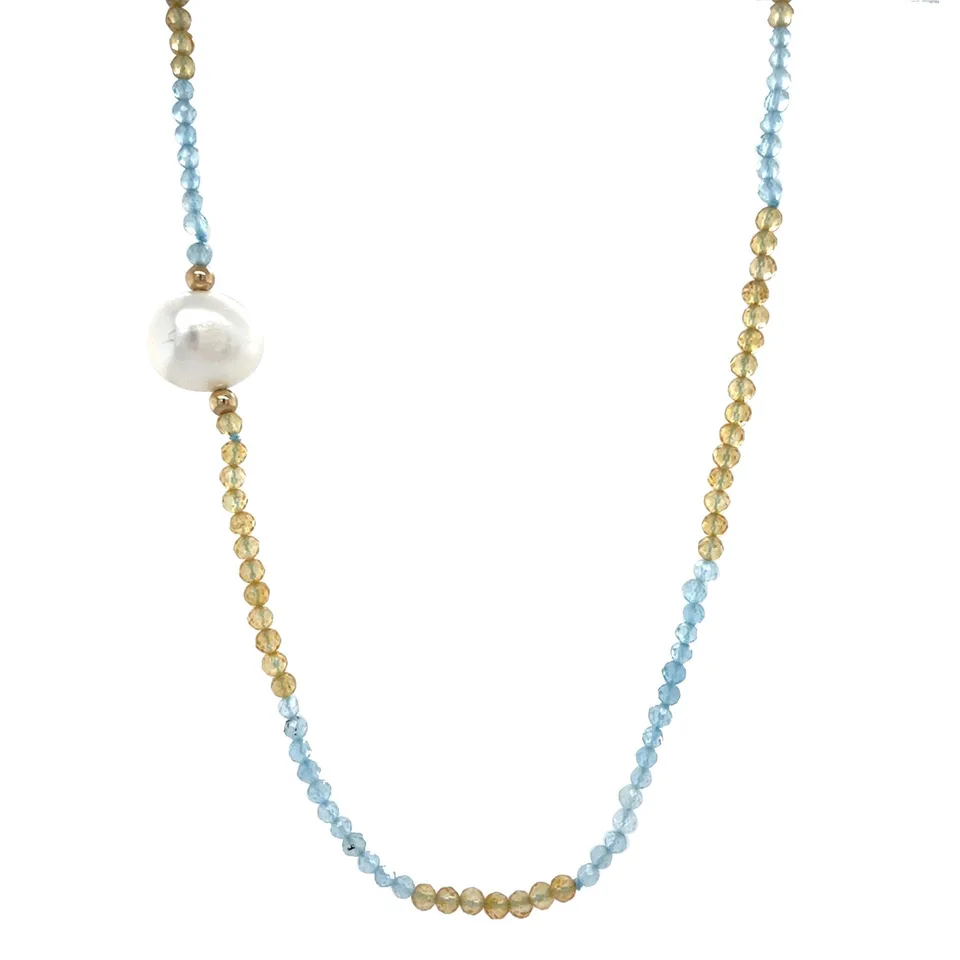 Vintage Citrine with Aquamarine Necklace with Pearl and Decorative Clasp