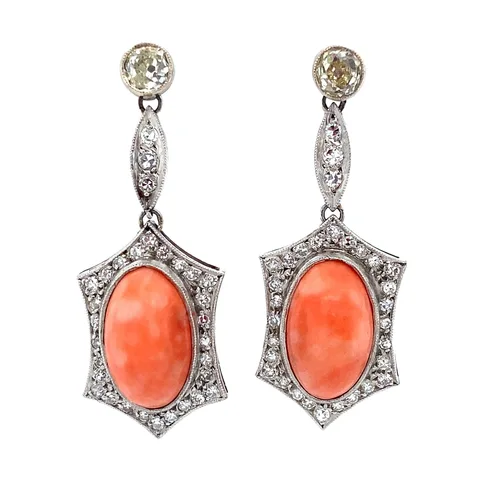 Vintage Platinum Art Deco Cluster Drop Earrings with Imitation Coral and Diamond