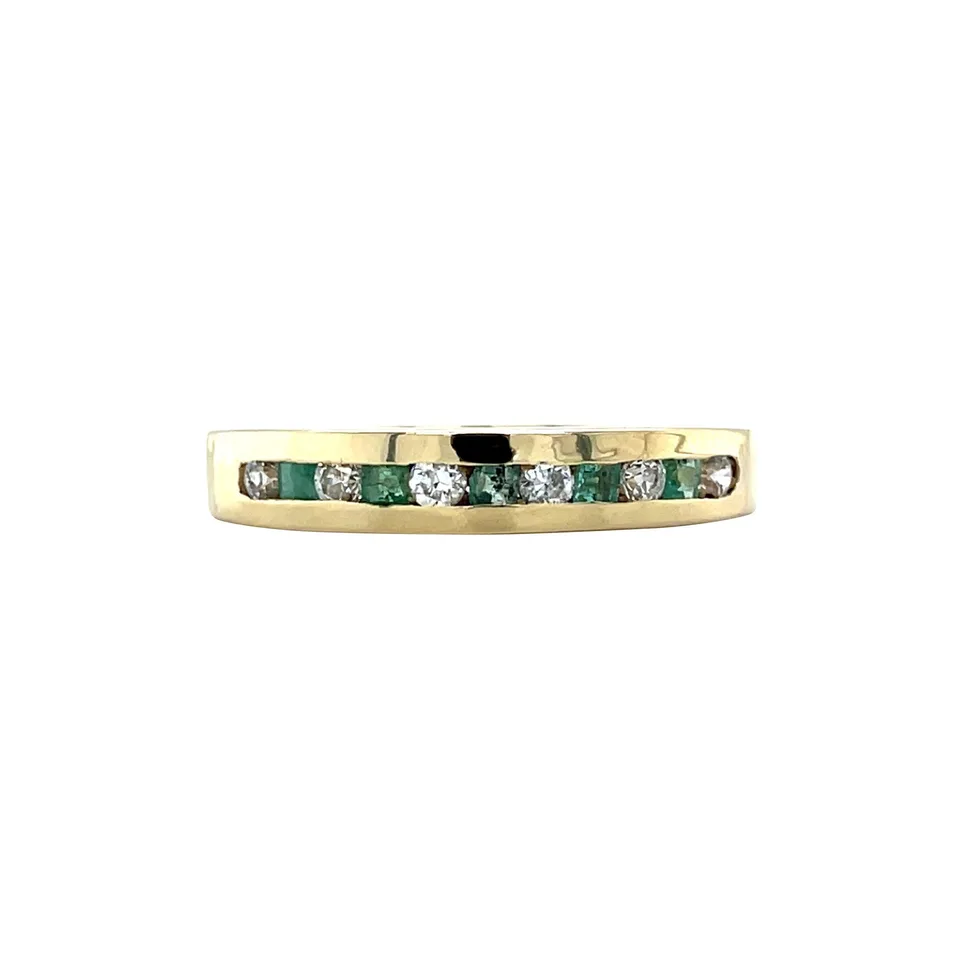 Vintage 12K Gold Half Eternity Ring with Emerald and Moissanite