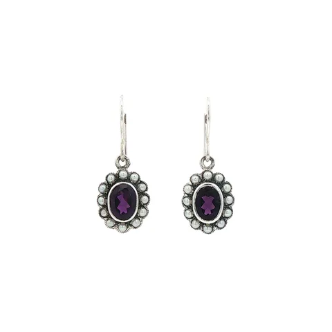 Vintage Sterling Silver Drop Earrings with Amethyst and Pearl