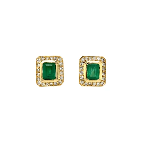 Vintage 18K Gold Stud Earrings with Emerald and Diamond