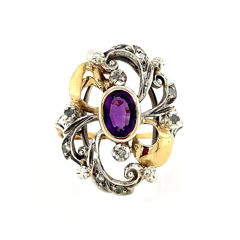 Vintage 18K Gold Ring with Rose Cut Diamond and Amethyst